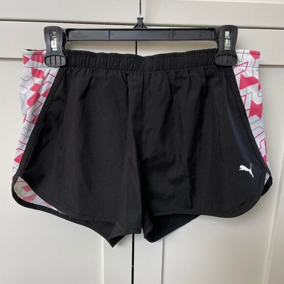 Puma Vintage Running Workout 2.75" Shorts Black w Print Sides Wht Pink Grey Sz S - Picture 1 of 10